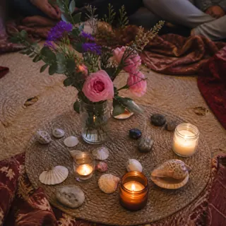 Blumen, Kerzen, Muscheln und Steine als persönliche Kreismitte