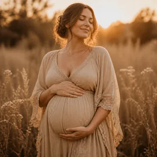 Schwangere Frau in einem beigen Boho-Kleid bei goldenem Abendlicht