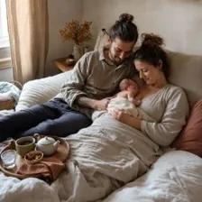 Eltern mit ihrem neugeborenen Baby in einer warmen Wochenbettszene